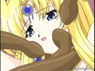 Blond l'anime princesse coincé en fort tentacules et obtient farci en tous trou