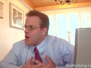 Grand brunette adolescent has pussy licked by director in office on interview