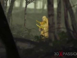 Xanh lục con quái vật ogre fucks cứng một nóng đến trot phái nữ goblin arwen trong các enchanted rừng
